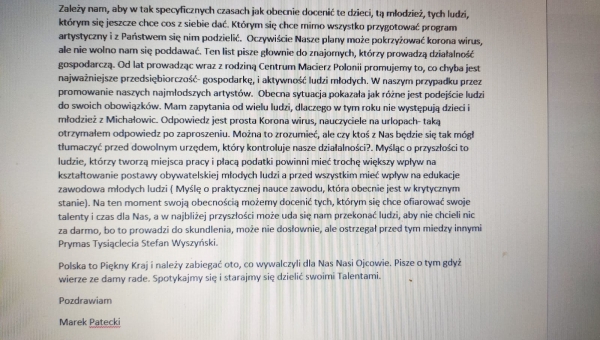 List Marka Pateckiego w sprawie kolędowania w Centum Macierz Polonii
